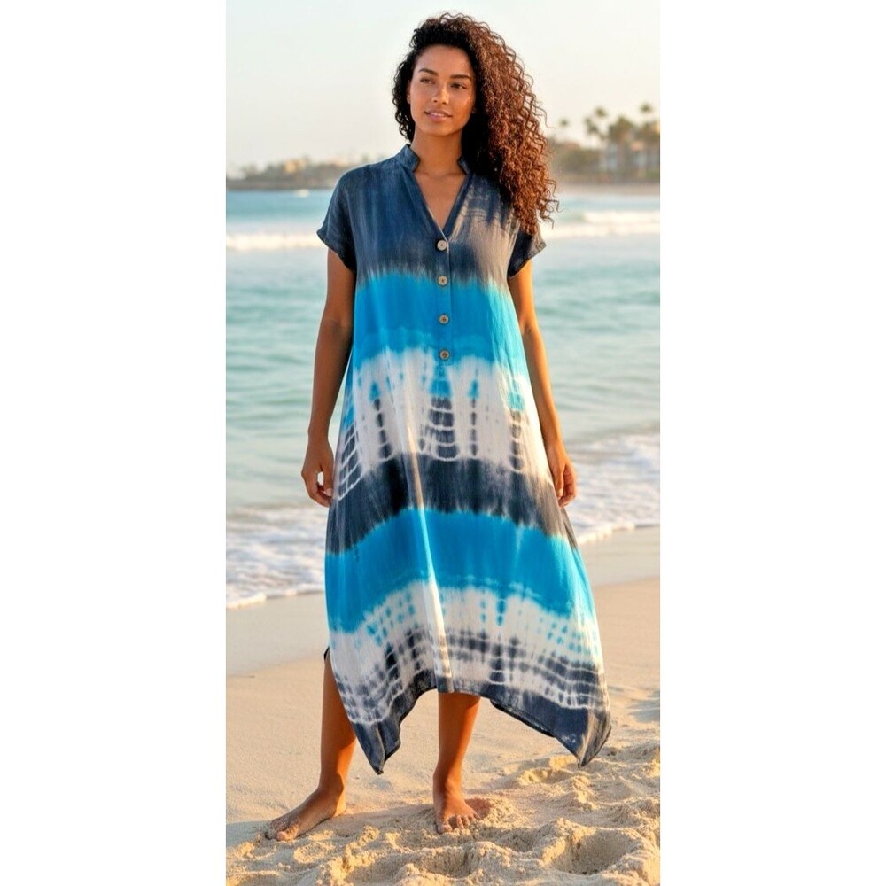 Double Decker NEW! womens blue tie die asymetrical maxi dress S/M summer boho